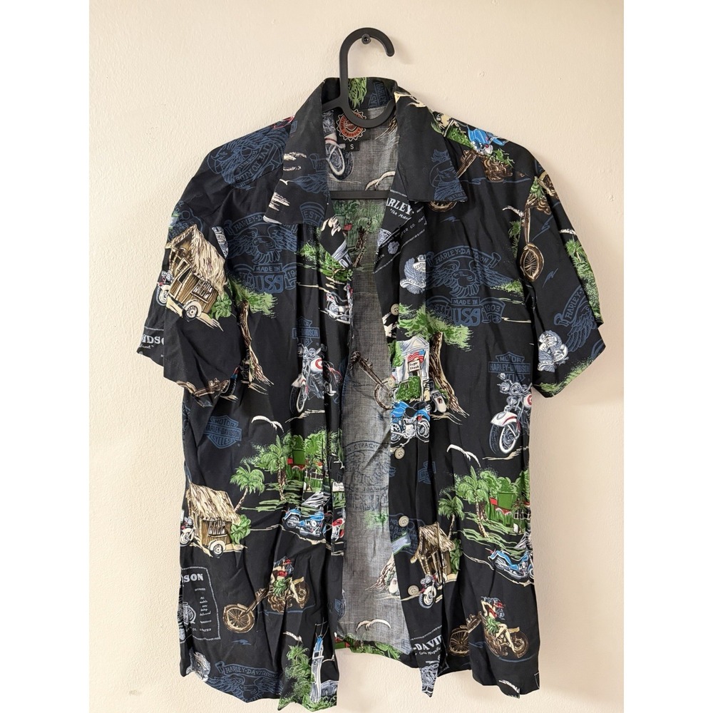 HARLEY DAVIDSON Hawaiian Shirt Vintage 90s AOP Rayon Button Up USA Mens Small SM